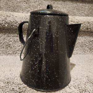Vintage enamel black spatter ware campfire coffee pot